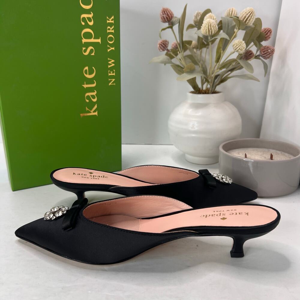 Kate Spade Darlene Satin Crystal/Bow Kitten Heel Mule Black Women 7M Tried On - Picture 7 of 11
